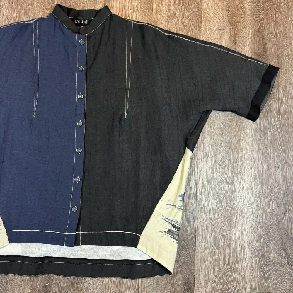 Ozai N Ku Black Blue Brush Stroke Top Shirt Boxy Oversized Art to Wear sz 1 - Picture 3 of 13